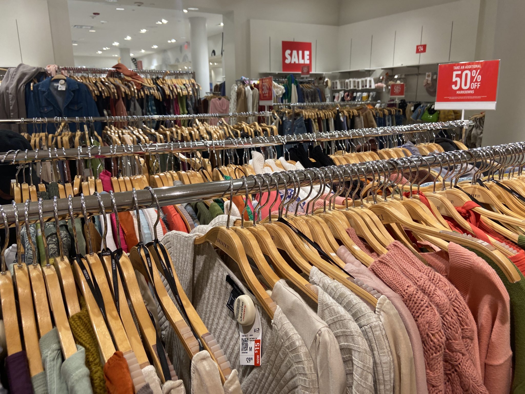 Racks of clothing on sale at Forever 21.